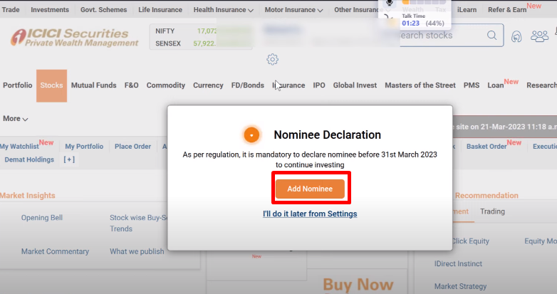 icici direct add nominee section
