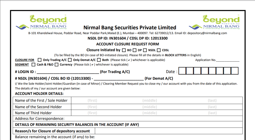 nirmal bang account closure form